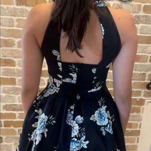 Black dress with blue flower print